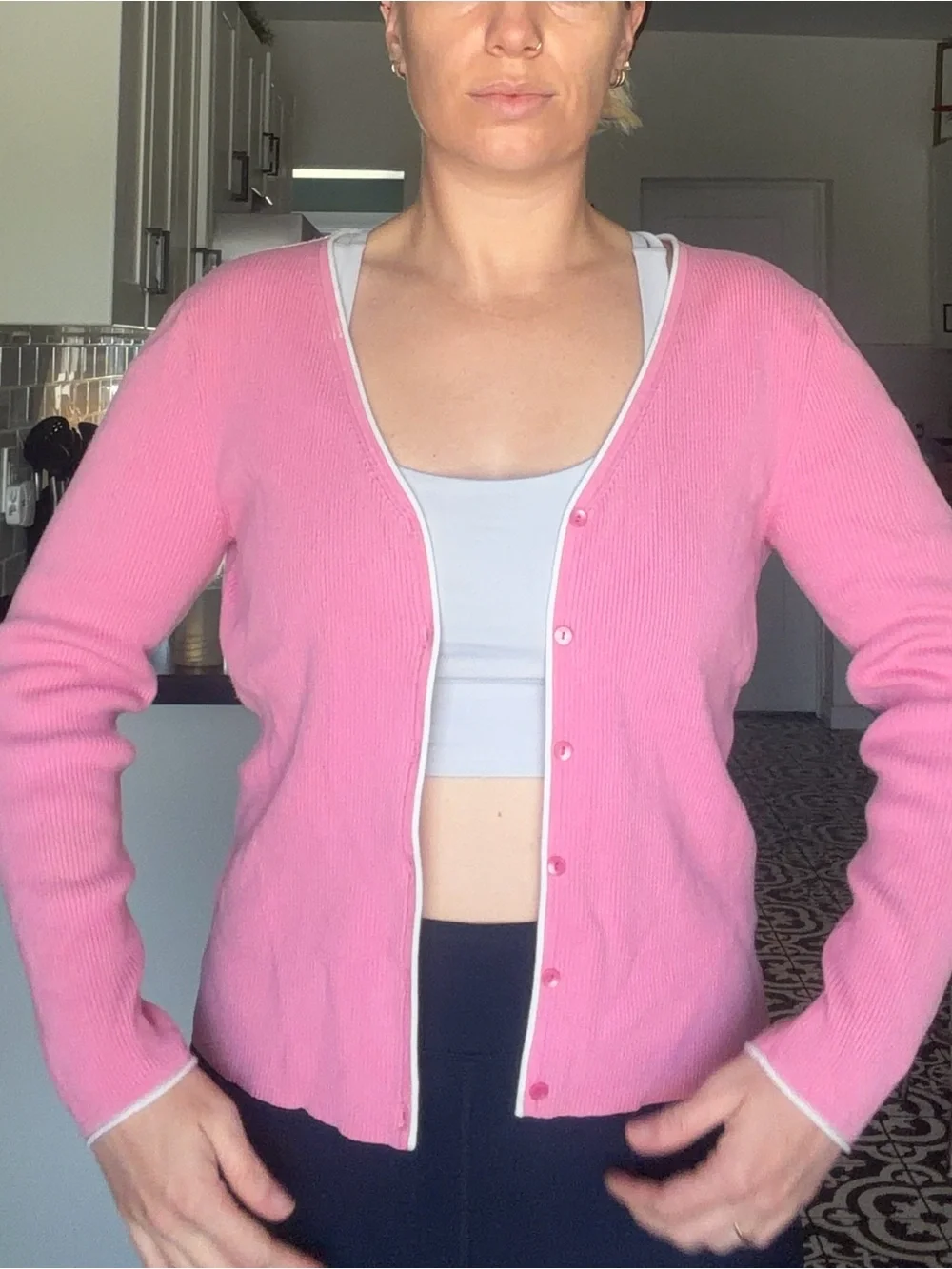 LOFT Pink Ribbed V-Neck Cardigan with white Trim - Picture 5 of 15